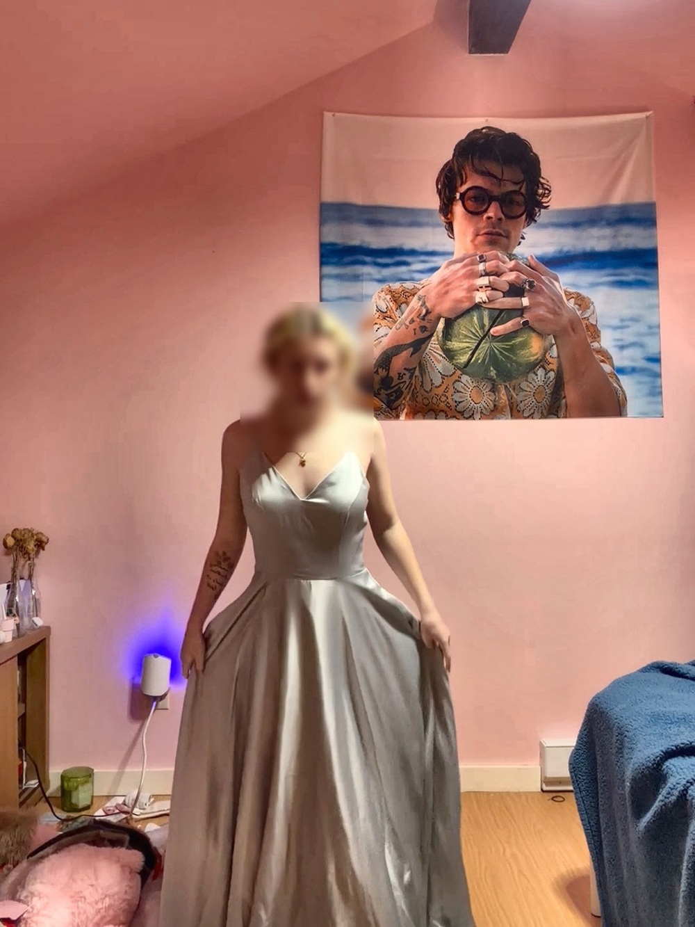 Satin V-Neck Dress in Light Silver